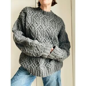 Vintage J Crew Wool Cable Knit Sweater Gray Mens Size Med Fisherman 90s Grunge